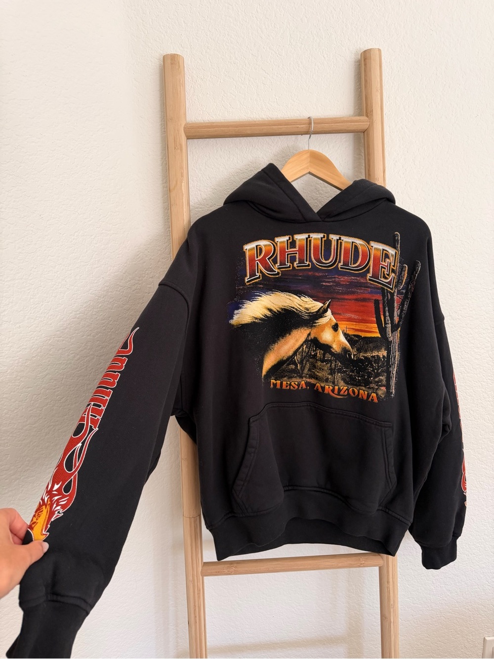 Rhude Black Graphic Crewneck Hoodie with Mesa Arizona Horse Print